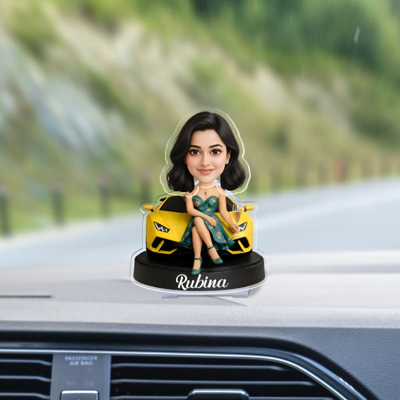 Personalized Yellow car leady Booblehead Caricature for Girls Battery Powered Moving Head Feature | Birthday Gift for Daughter, Sister, Mom & Lady Boss | Tabletop Decor